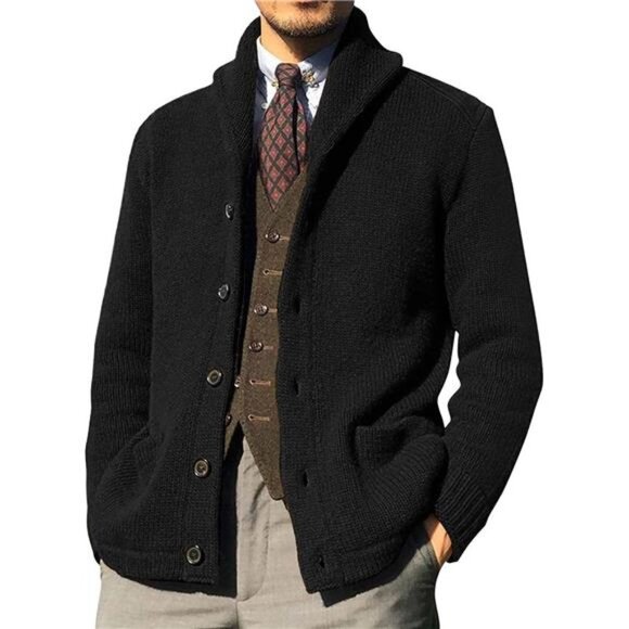 Men's Shawl Collar Cardigan Sweaters Button Down Cable Knitted - Picture 1 of 5